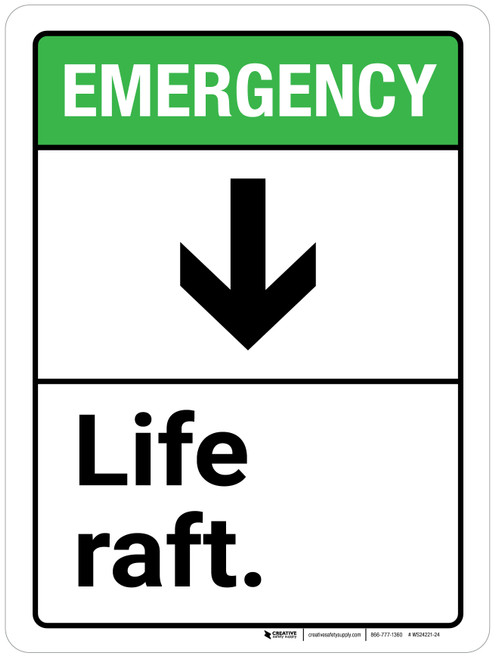 Emergency: Life Raft with Down Arrow ANSI Portrait - Wall Sign