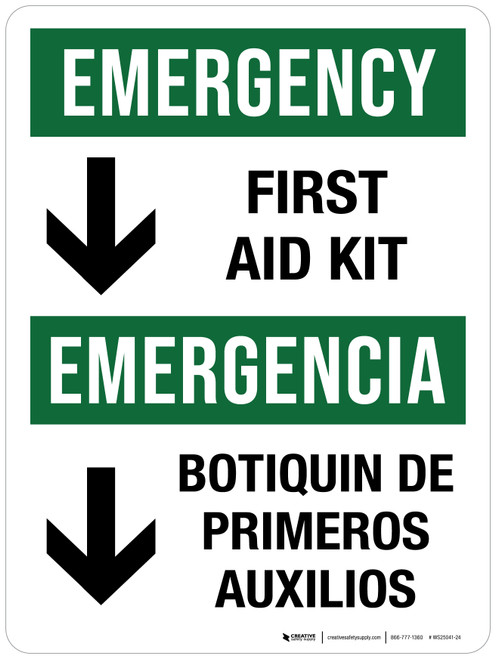 Emergency: First Aid Kit with Arrow Down Bilingual Portrait - Wall Sign