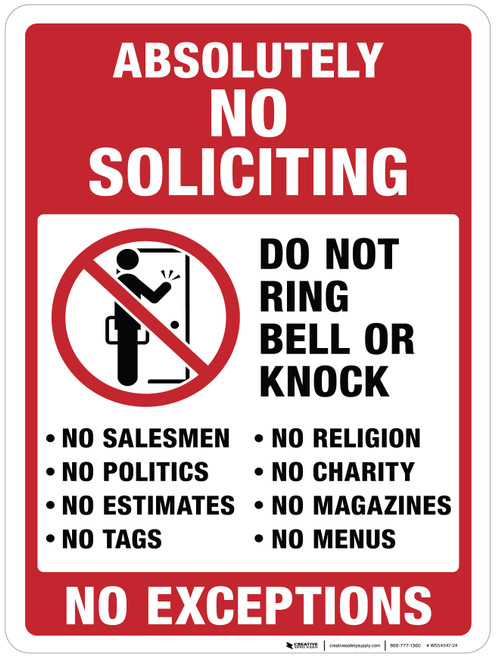 Absolutely No Soliciting, Do Not Ring Bell or Knock - Wall Sign