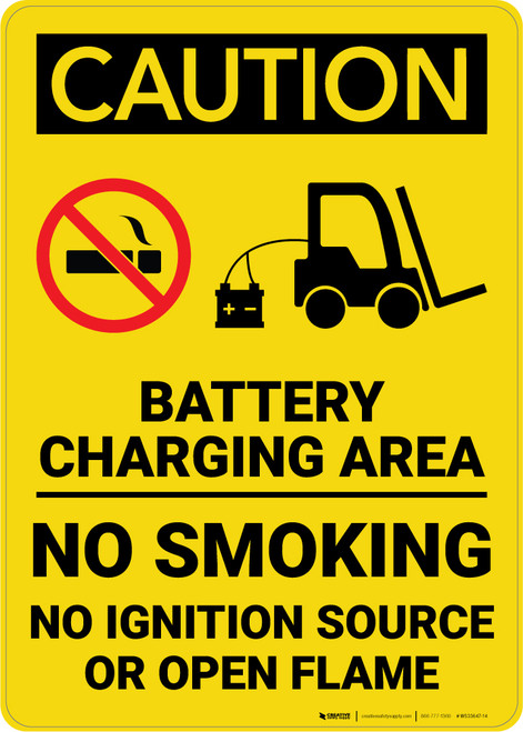 Caution: Battery Charging Area Forklift No Smoking Open Flame Vertical - Wall Sign