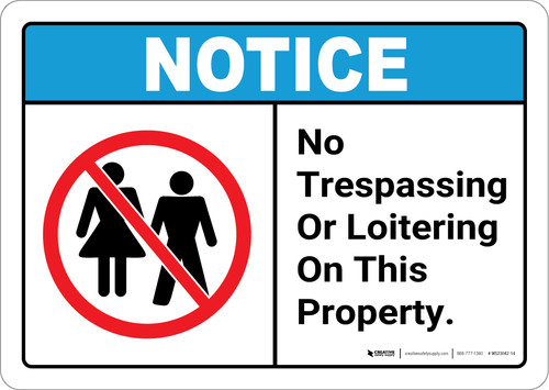 Notice: No Trespassing Or Loitering On This Property - Wall Sign