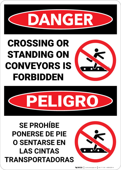 Danger: Crossing Standing On Conveyors Is Forbidden With Icons Bilingual Spanish - Wall Sign