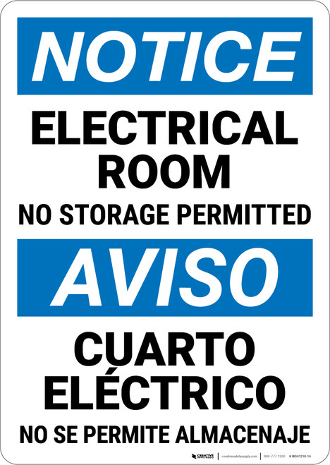 Notice: Electrical Room No Storage Bilingual Spanish - Wall Sign