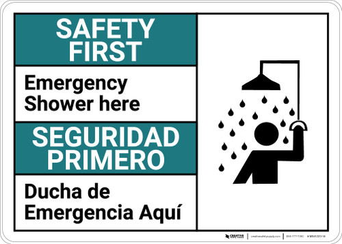 Safety First: Emergency Shower Here Bilingual Spanish - Wall Sign