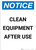 Notice: Clean Equipment After Use - Portrait Wall Sign