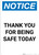 Notice: Thank You For Being Safe Today - Portrait Wall Sign