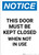 Notice: This Door Must Be Kept Closed When Not In Use - Portrait Wall Sign