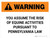 Warning: Pennsylvania You Assume The Risk Of Equine Activities Landscape - Wall Sign