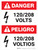 Danger: ANSI 120-208 Volts Portrait Bilingual Spanish with Icon - Wall Sign
