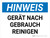 Hinweis – Geräte nach Gebrauch reinigen (Notice - Clean Equipment After Use) Landscape German - Wall Sign