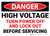 Danger: High Voltage Turn Power Off and Lock Out - Wall Sign