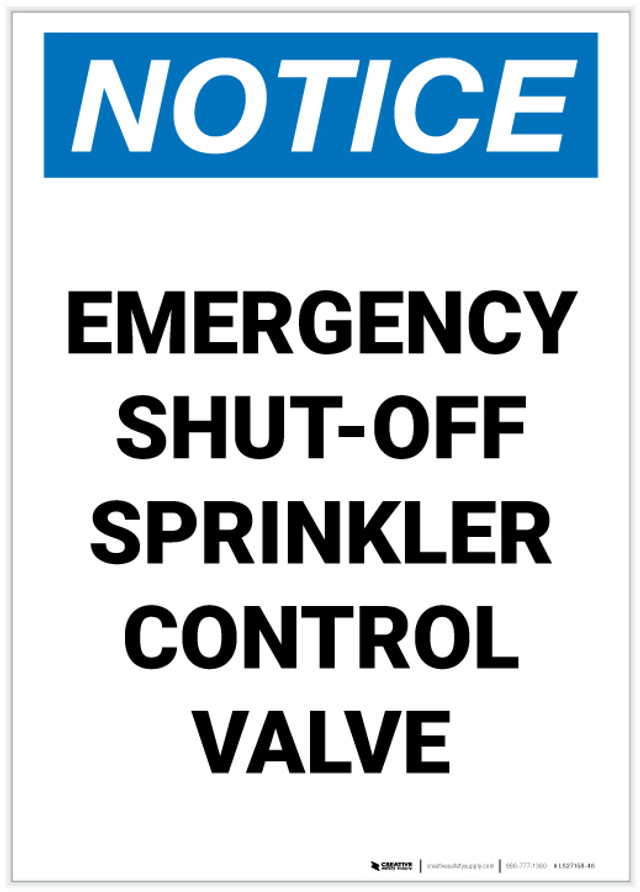 Notice Emergency ShutOff Sprinkler Control Valve Portrait Label