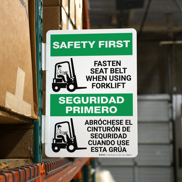 Safety First Fasten Seat Belt When Using Forklift with Icon Bilingual