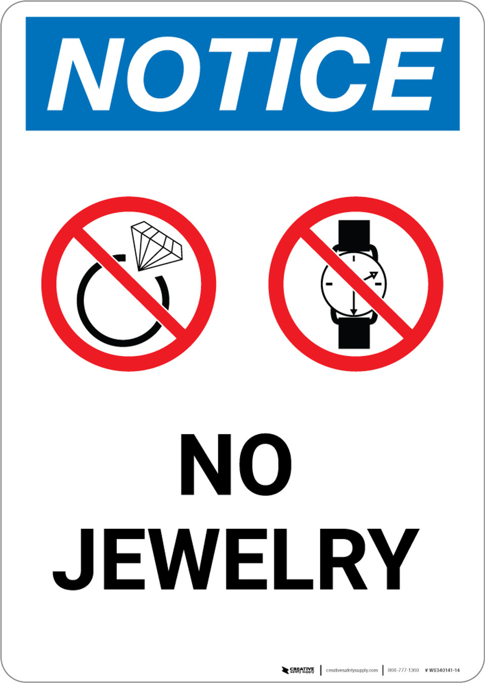 Notice No Jewelry with Icons Portrait Wall Sign Creative Safety Supply