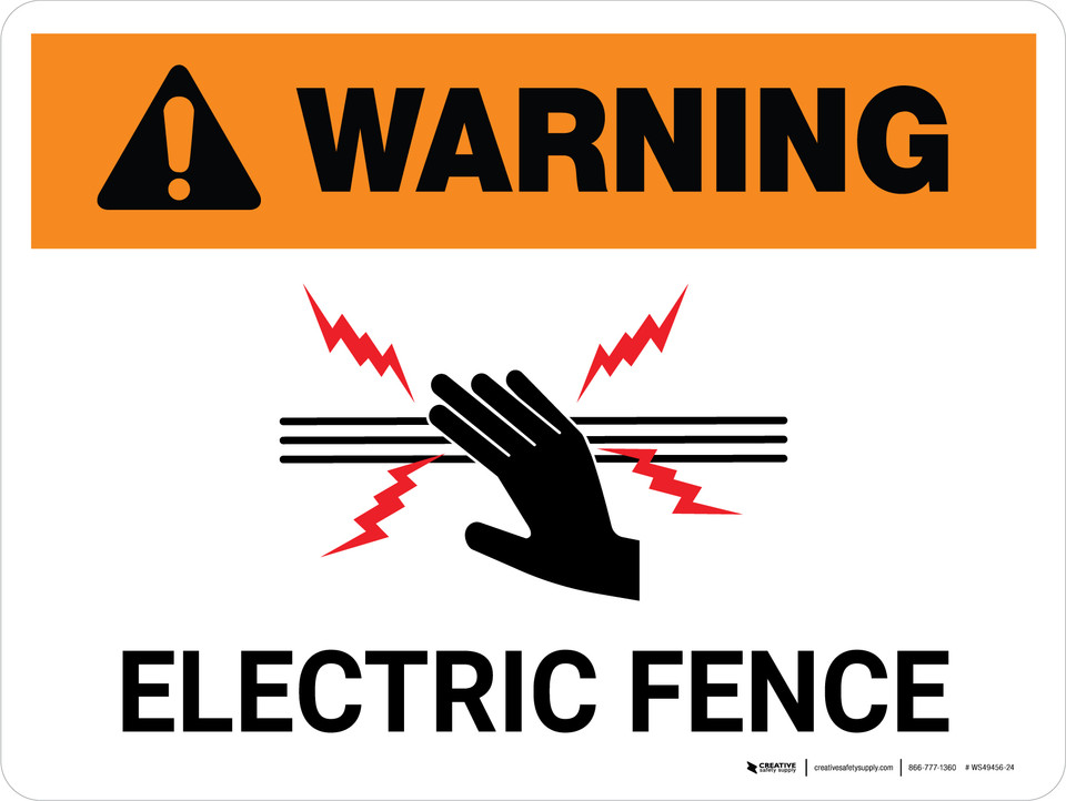 Warning Electric Fence with Icon White Landscape Wall Sign
