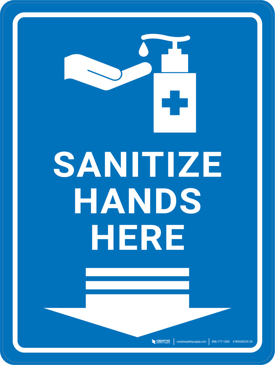 Sanitize Hands Here With Arrow Down Blue Portrait Wall Sign sanitize-hands-here-with-arrow-down-blue-portrait-wall-sign