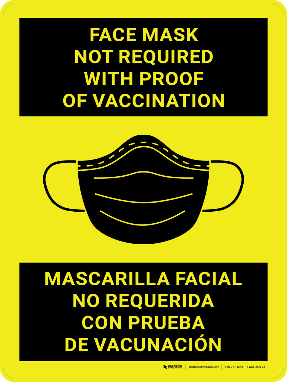 Face Mask Not Required With Proof Of Vaccination Bilingual Yellow with