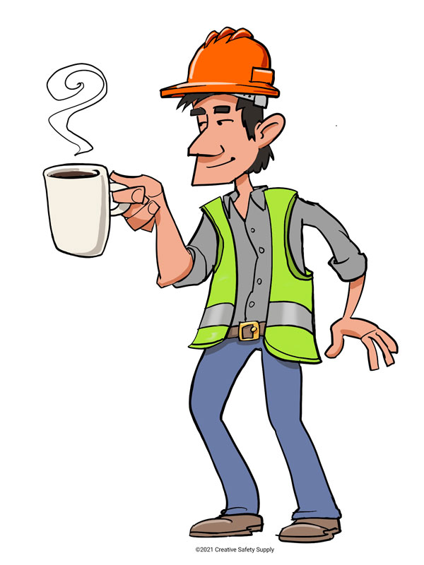 Man in hard hat and hi-vis vest holding a cup of coffee