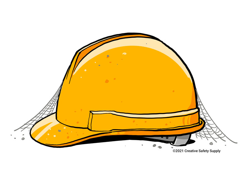 Illustration of a dusty hardhat with cob webs in profile view.