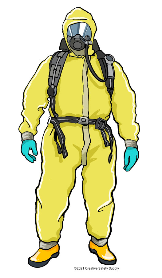 Person wearing hazmat suit along with rubber gloves, boots, and hazmat mask with ventilator