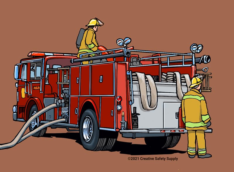 Illustration of a fire truck from behind with one firefighter standing on top of truck and one standing behind the truck.