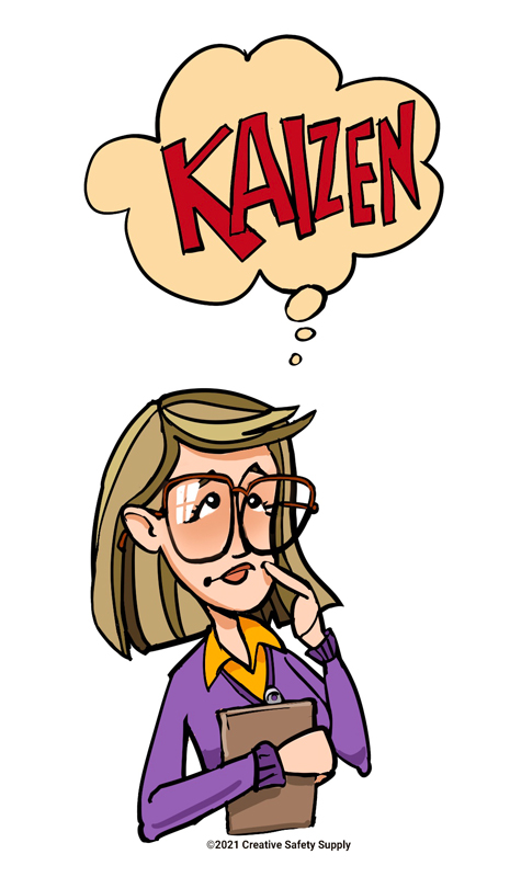 Illustration of a woman with thought bubble above her head that says Kaizen