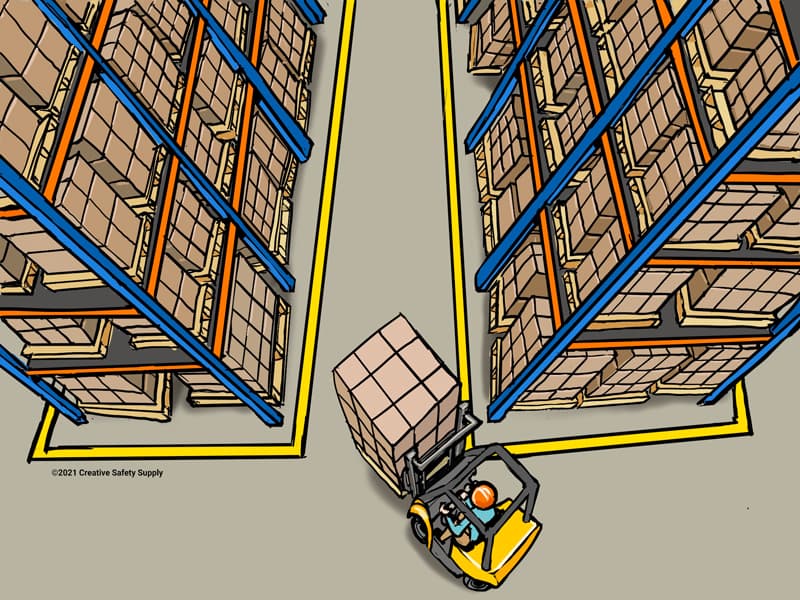 Illustration of forklift moving boxing down a warehouse aisle