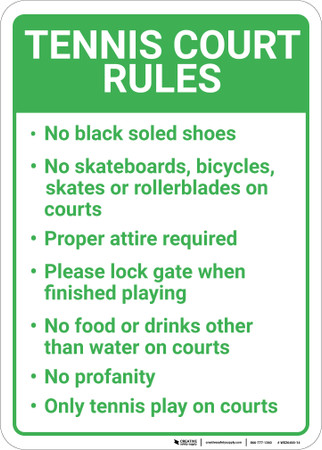 tennis court rules portrait wall sign creative safety custom labeling stickers