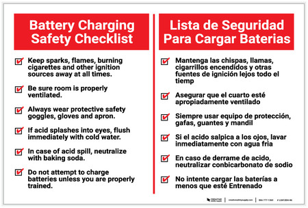 Battery Charging Safety Checklist Bilingual Spanish Label Creative Safety Supply