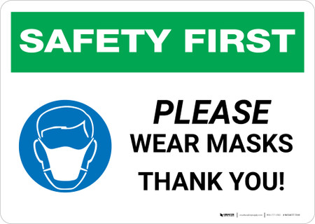 Download Safety First: Please Wear Masks - Thank You with Icon Landscape - Wall Sign | Creative Safety Supply