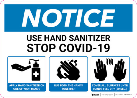 Notice: Use Hand Sanitizer with 3-Step Icon Instructions Landscape