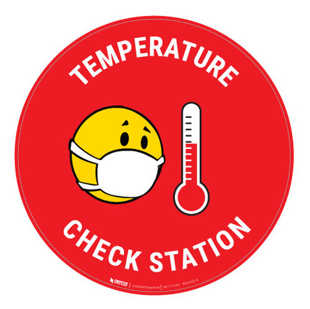 temperature check station with mask emoji red floor sign creative