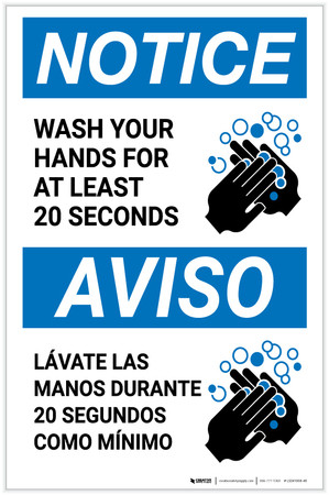 Notice: Wash Your Hands For At Least 20 Seconds Bilingual Spanish with ...