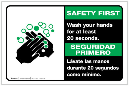 Safety First: Wash Your Hands For At Least 20 Seconds Bilingual Spanish ...