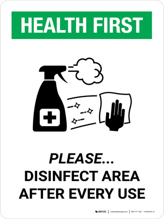 Health First: Please Disinfect Area with Icon Portrait - Wall Sign
