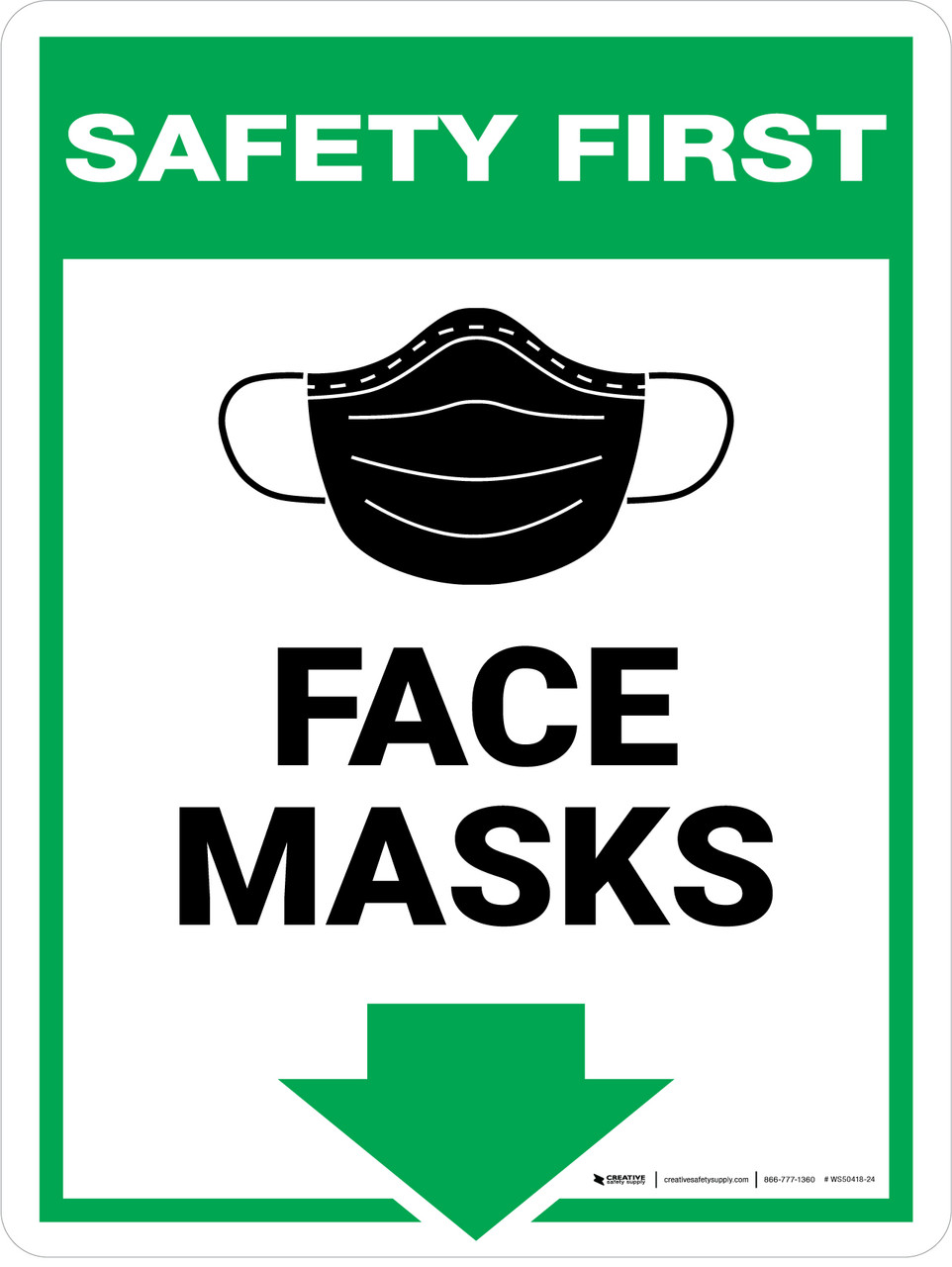 safety-first-face-masks-arrow-down-green-wall-sign for Face Mask Required Sign Free Printable Safety First: Face Masks Arrow Down Green Wall Sign for Face Mask Required Sign Free Printable