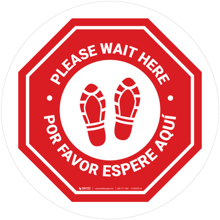 Please Wait Here Bilingual with Shoe Prints Stop Circular - Floor Sign
