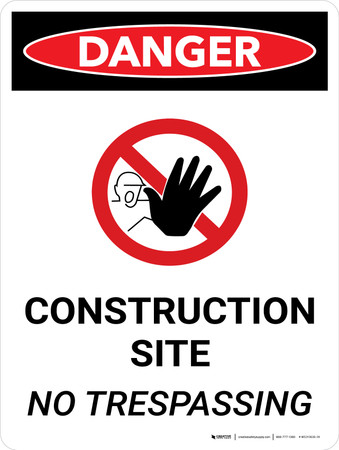 Danger: Construction Site - No Trespassing Portrait with Icon - Wall Sign