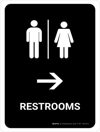 Restrooms With Right Arrow Black Portrait - Wall Sign