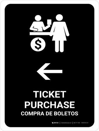 Ticket Purchase With Left Arrow Black Bilingual Portrait - Wall Sign