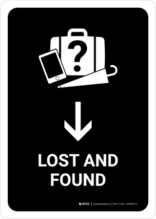 Lost And Found With Down Arrow Black Portrait - Wall Sign