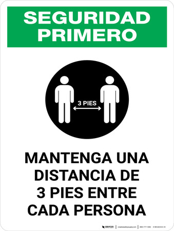 Safety First Please Maintain A Distance Of 3 Feet Spanish With Icon Portrait Wall Sign