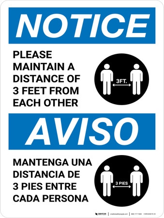 Notice Please Maintain A Distance Of 3 Feet Bilingual Spanish With Icon Portrait Wall Sign