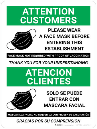 Attention Customers: Please Wear a Face Mask - Face Mask Not Required with Proof of Vaccination ...