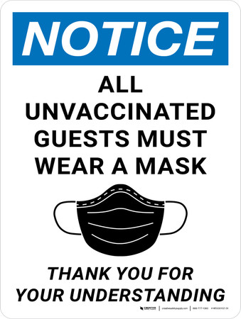 Notice: All Unvaccinated Guests Must Wear A Mask Portrait - Wall Sign