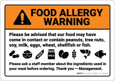 Warning: Food Allergy Warning Be Advised Food May Contain - Wall Sign