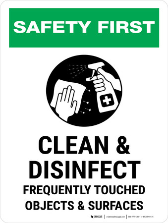 Clean Inspect Detect Sign Safety First: Clean And Disinfect Frequently Touched Portrait - Wall Sign