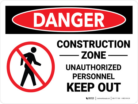 Danger: Construction Zone Unauthorized with Icon Landscape - Wall Sign