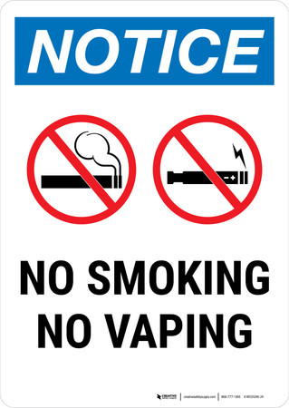 Notice: No Smoking No Vaping with Icons Portrait - Wall Sign