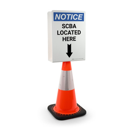 Notice: SCBA Located Here Arrow Down Portrait - Double-Sided Cone Sign